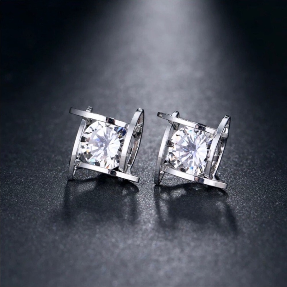 3D Silver Cage Diamond Stud Earrings - Picture 7 of 7